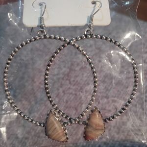 Silver Beaded Hoop Earrings with Shell Accents
